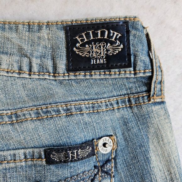 Hint Jeans Women Sz 1 Blue Boot Cut Bleach Splatter Look Y2K Festival Hippie New - Picture 6 of 16